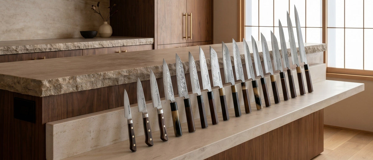 Japanese knife showroom with a row of Damascus kitchen knives